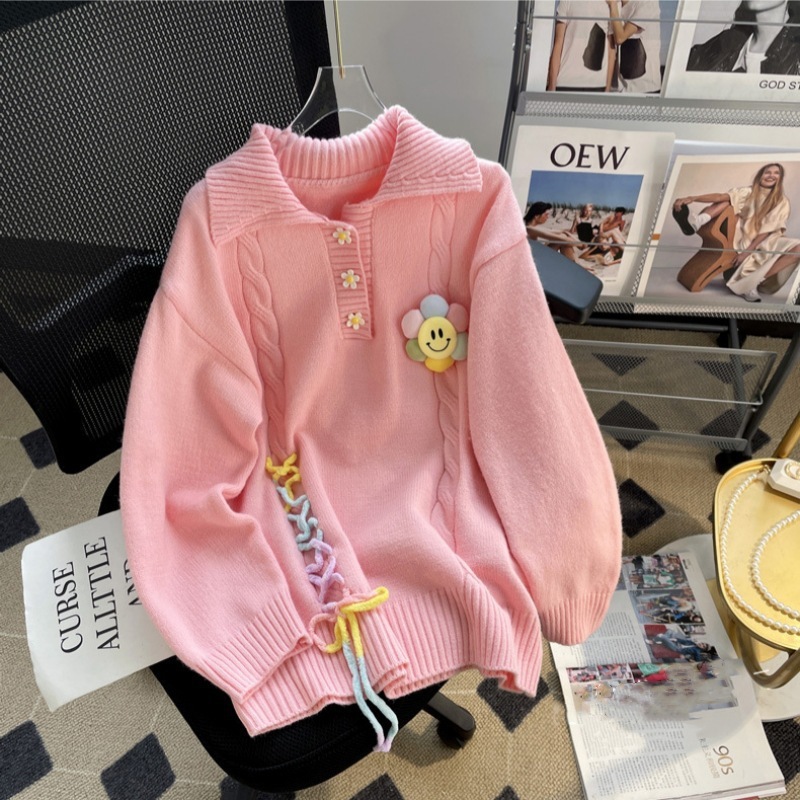 学院风软糯小清新polo领套头毛衣女秋冬外穿笑脸花朵系带针织上衣|undefined