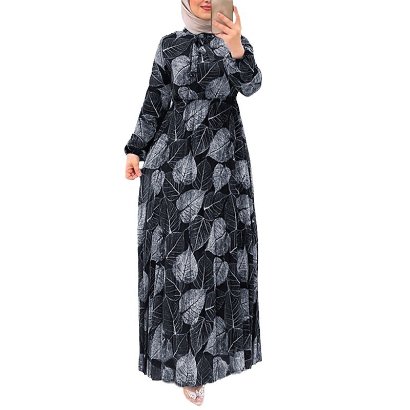 M2236 Middle East Dubai Women's Robe New Leaf Pleated Skirt Fashionable Waist-Cinching Dress_ecoleips.com