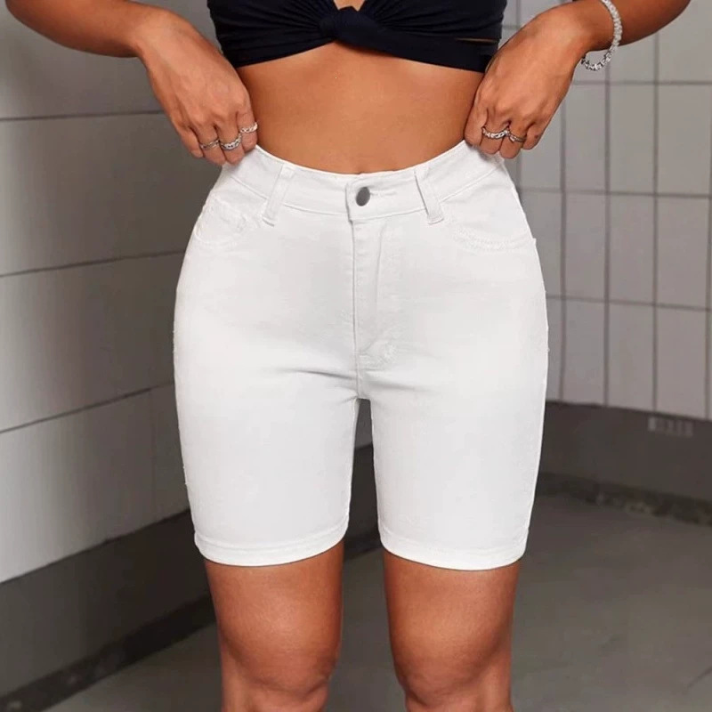 Cross-border European and American women's high-waisted denim shorts, 2026 new summer white high-end cycling stretch shorts Cross-border European and American women's high-waisted denim shorts, 2026 new summer white high-end cycling stretch shorts