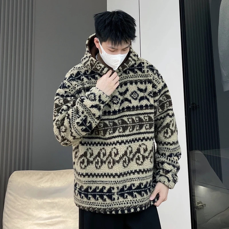[Same Style for Men and Women] Fair Isle Style Polar Fleece Fleece-Lined Thickeneded Hooded Sweatshirt Jacket Lazy Style Fashionable Couple