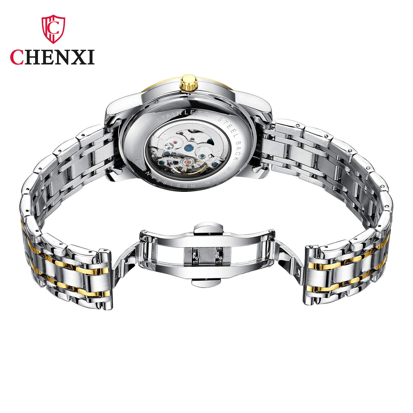 CHENXI reloj casual reloj mecánico automático de los hombres fase lunar nueva mariposa hebilla correa de acero hueco-hacia fuera transparente inferior