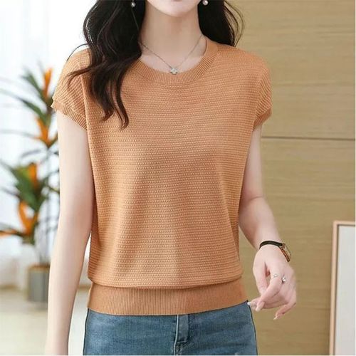Women's Summer Casual Loose Knit Short Sleeve T-shirt with Round Neck, Trendy and Versatile Short Top for Casual Outfits