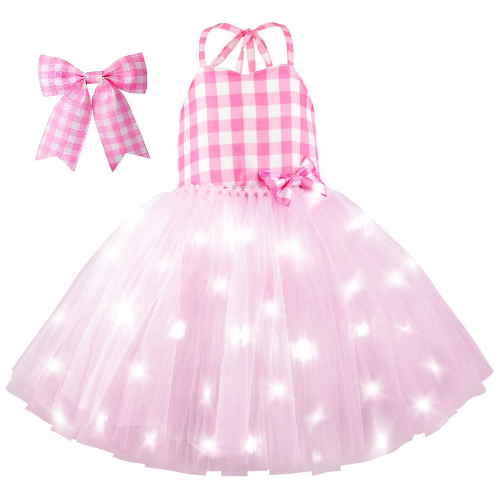 跨境欧美女童cos芭比服LED发光粉色格子连衣裙Barbie日常蓬蓬裙
