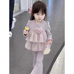 女童套装2025新款儿童秋季网沙拼接爱心长袖宝宝洋气喇叭裤两件套