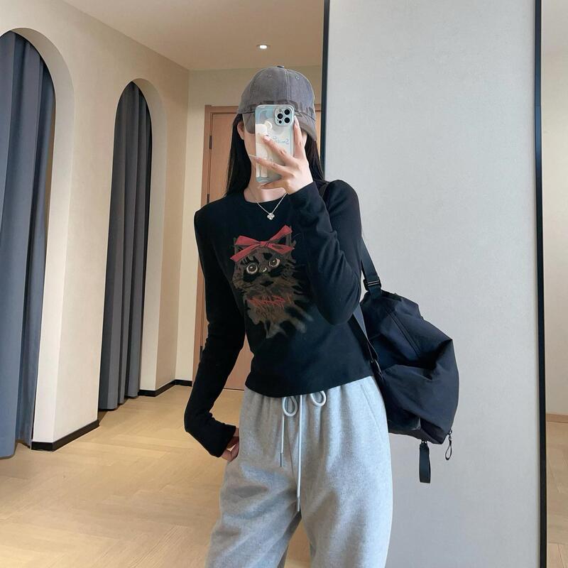 P13 Non-Returnable, Non-Exchangeable Cat Print Fleece Warm Long-Sleeve T-Shirt, Skin-Friendly High-Elastic Base Layer for Women, Autumn 2024