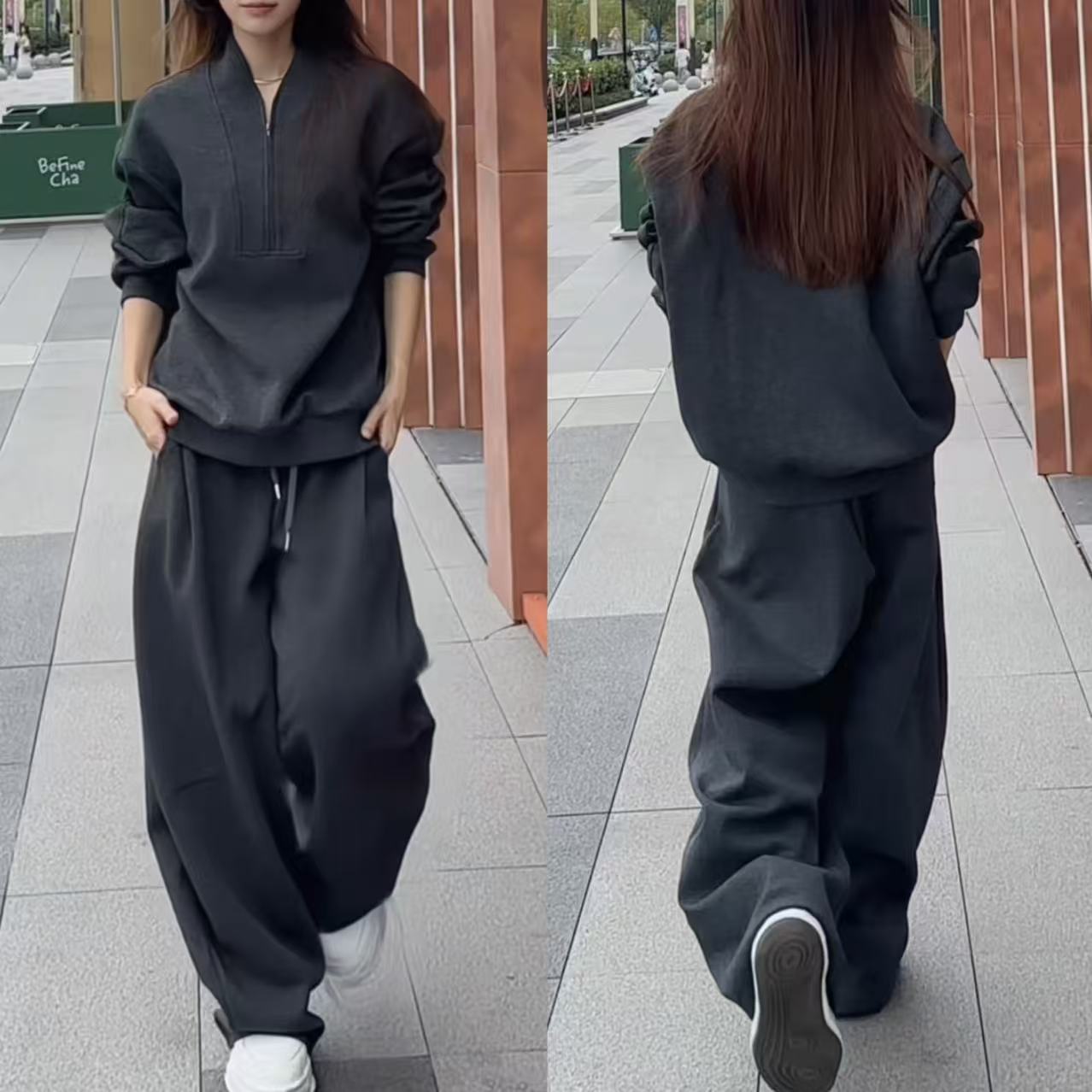 满满休闲风时尚套装秋冬套装秋拉链灰色ol运动休闲5511+K11