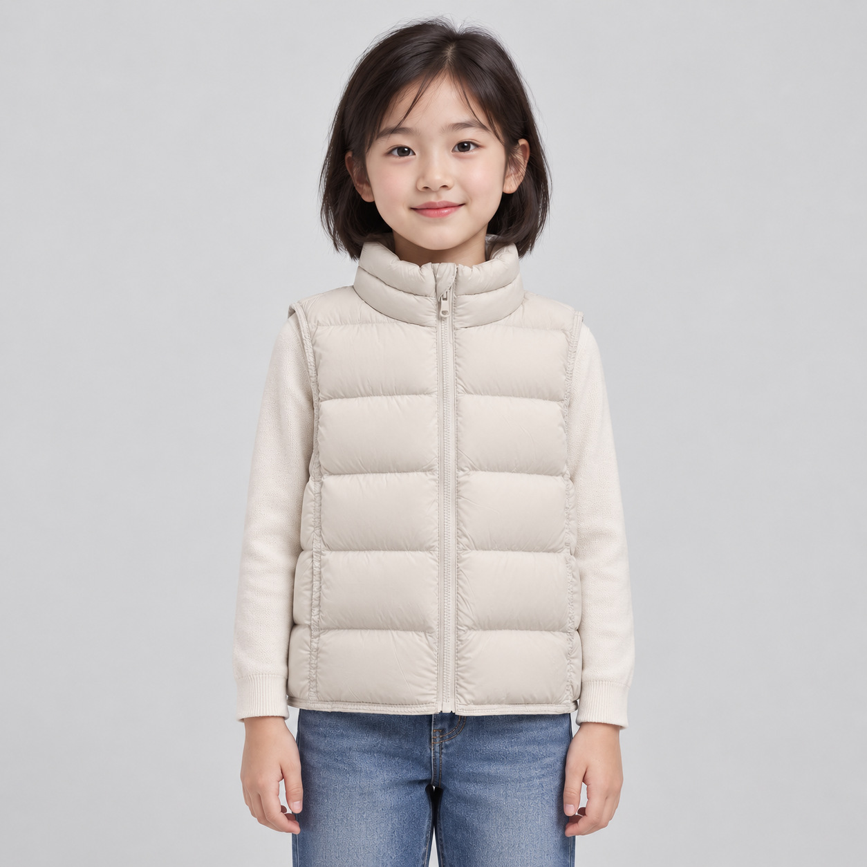 Pinghu Chixin 90 White Duck Down Children's Ribbed Vest Jacket, Simple Stand Collar Vest, Warm Outerwear, Thickened Vest
