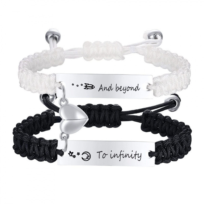 Stainless Steel Bracelet Set with Curved Engraved Tag, Couple's Black and White Rope Weaving Set, Heart-Shaped Magnetic Black and White Woven Bracelet Stainless Steel Bracelet Set with Curved Engraved Tag, Couple's Black and White Rope Weaving Set, Heart-Shaped Magnetic Black and White Woven Bracelet