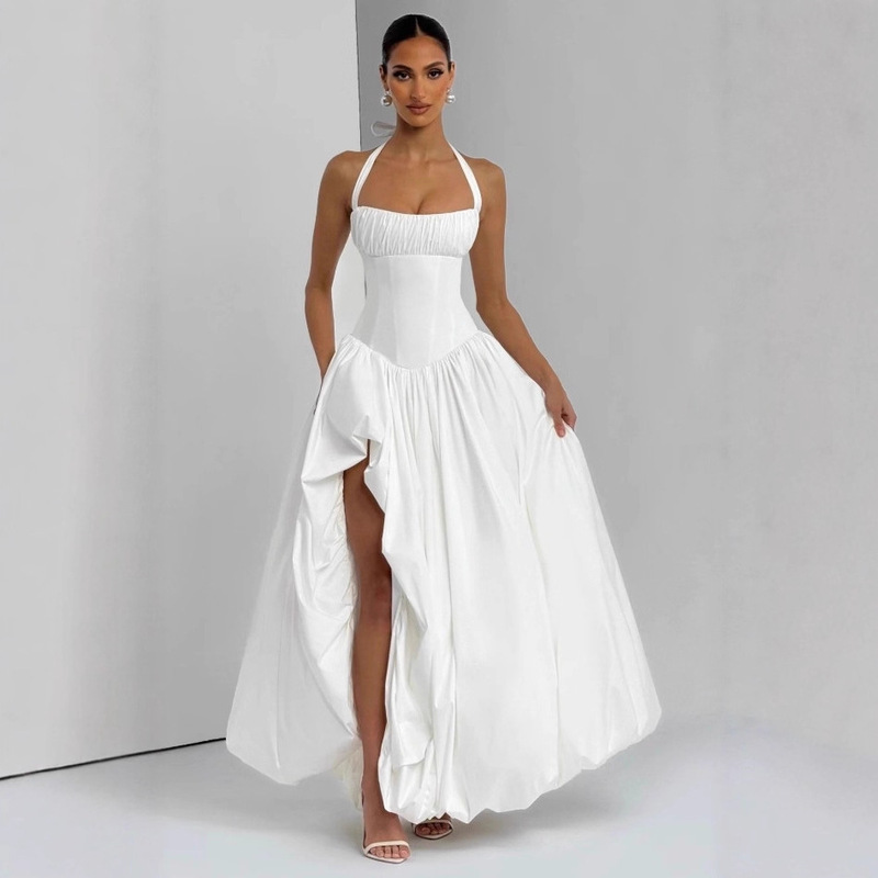 Baby Same Style High-Quality French-Style Stunning Resort-Style Waist-Slimming Slit Fishbone Halter Neck Princess Dress