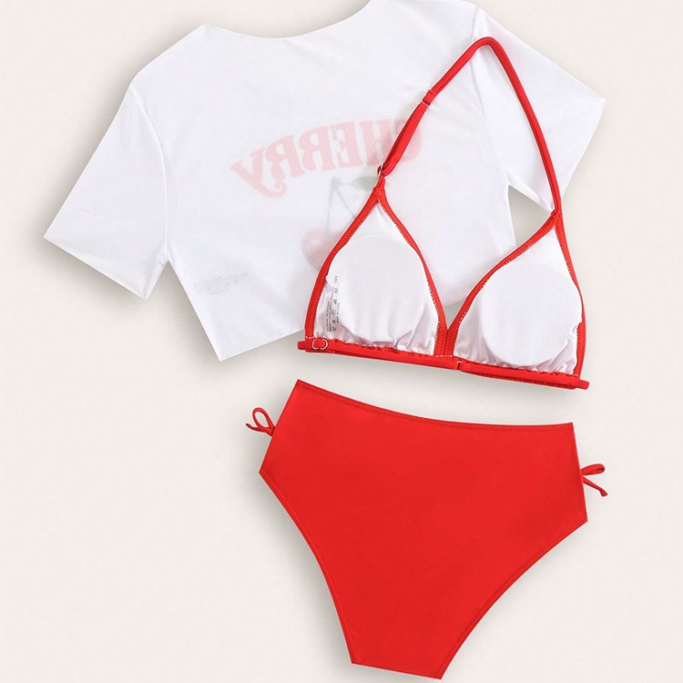 Dreiteiliges Bikini-Set für Mädchen, niedlicher Zweiteiler mit Cartoon-Print und Crop-Top für Kinder und Teenager, weiches, schnelltrocknendes Material_voghion.com