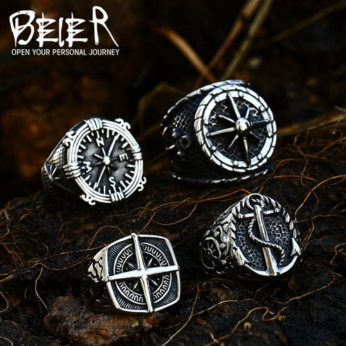 beier foreign trade retro compass titanium steel ring European and American men's stainless steel cast anchor ring