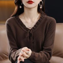 新款秋冬边V领针织衫毛衣女套头宽松系带打底衫大码百搭上衣