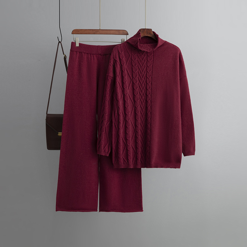 Damenbekleidung Herbst und Winter große Größe Rollkragenanzug Mode neue sanfte faule Stil Pullover zweiteiliges Set einfarbig gestrickt_voghion.com