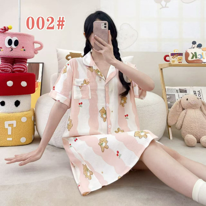 Pijama de verano de manga corta cardigan con solapa impresión de dibujos animados nubes de algodón dulce suelto medio largo vestido transfronterizo