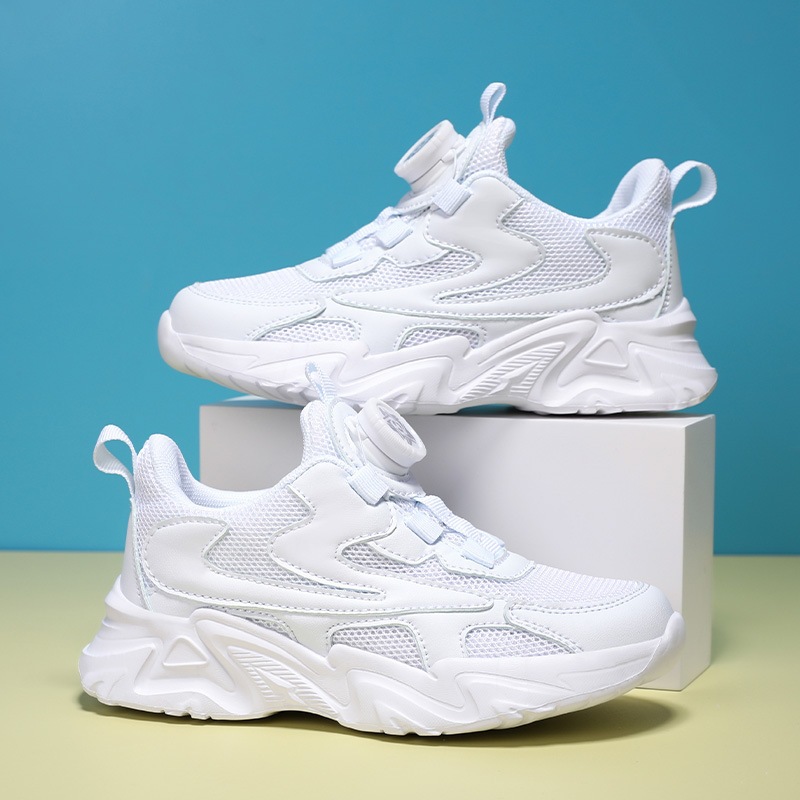 Zapatos blancos para niños ventilados primavera-verano 2026 nuevos zapatos blancos para niños botones giratorios de zapatos blancos para niñas
