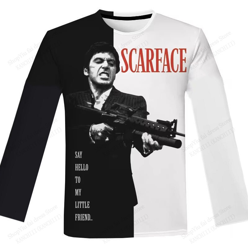 Men's Long-Sleeved T-Shirt 3D Movie Scarface Printed Pattern T-Shirt Men's Women's Fashion Casual O-Neck Short-Sleeved Top t