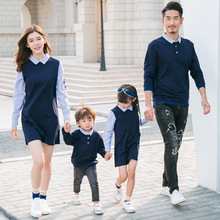 亲子装秋装2025新款卫衣一家三口母女假两件连衣裙父子四口全家装