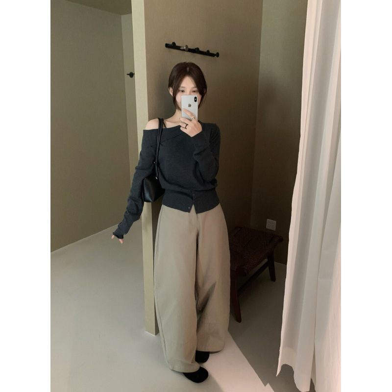 韩系简约清新气质纯欲高级感斜肩条纹针织衫休闲百搭宽松显瘦上衣|undefined