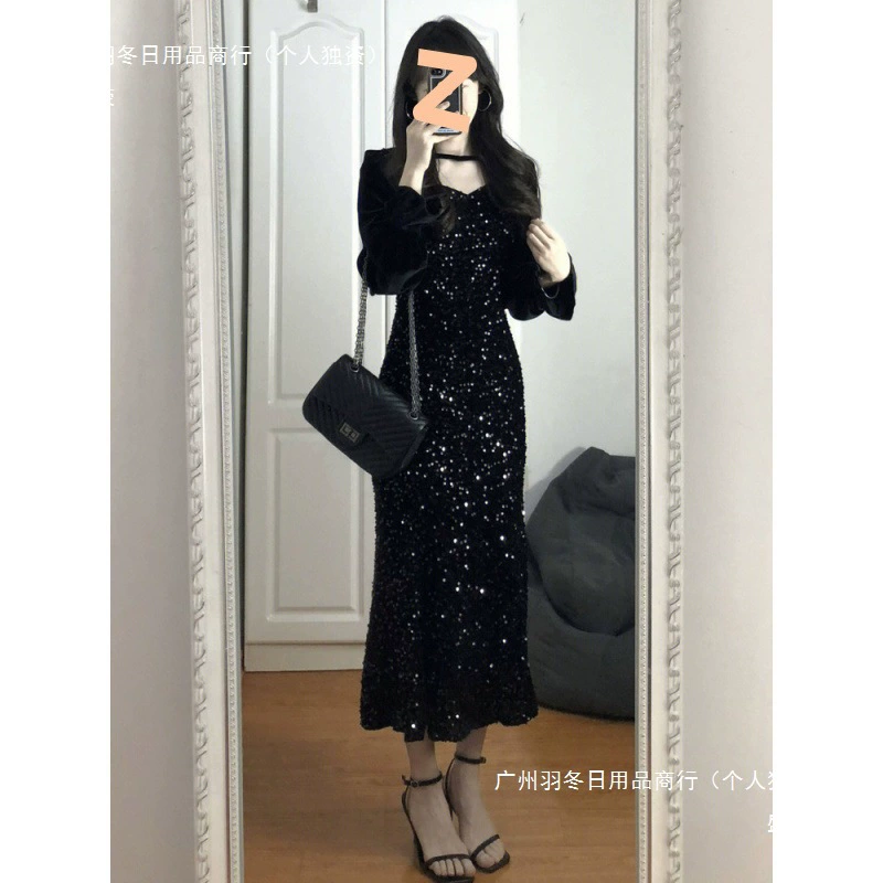 【】Бархатное платье в стиле королевской сестры больших размеров с блестками. Женское весеннее облегающее длинное платье русалки в кофейном и черном цвете.