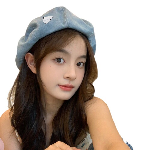 Women's Spring and Autumn Style Denim Beret Hat, Large Crown for a Charming Face, Simple Face Painter Hat, Retro and Versatile Summer Octagonal Hat