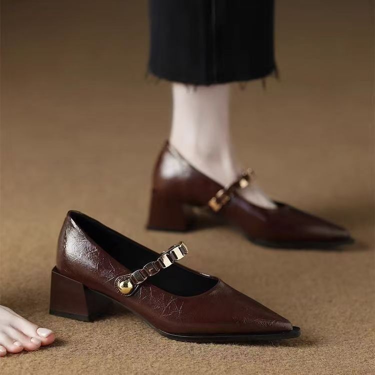Temperamento de moda, zapatos de cuero de tacones gruesos y puntiagudos para mujeres, primavera de 2026 nuevos zapatos de tacones altos, zapatos de estilo francés Marianne