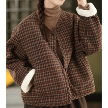 跨境冬季时尚加厚格纹毛呢短外套内里加绒保暖棉衣加绒上衣棉服