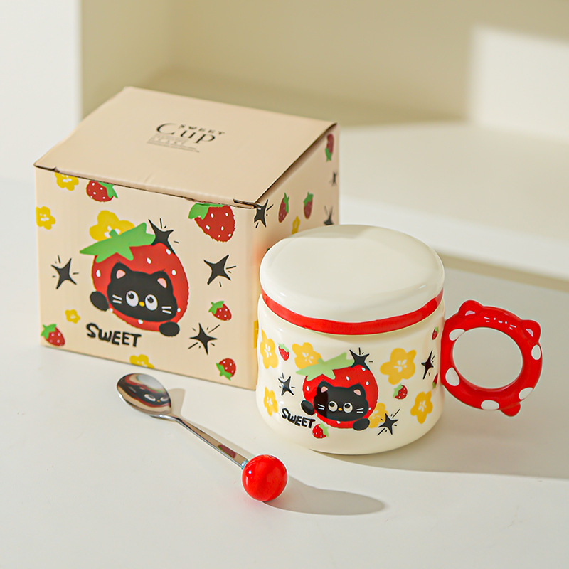 Regalo de cumpleaños Taza de dibujos animados para novias Taza de cerámica con tapa Regalo de mano Taza de agua para gatos lindos