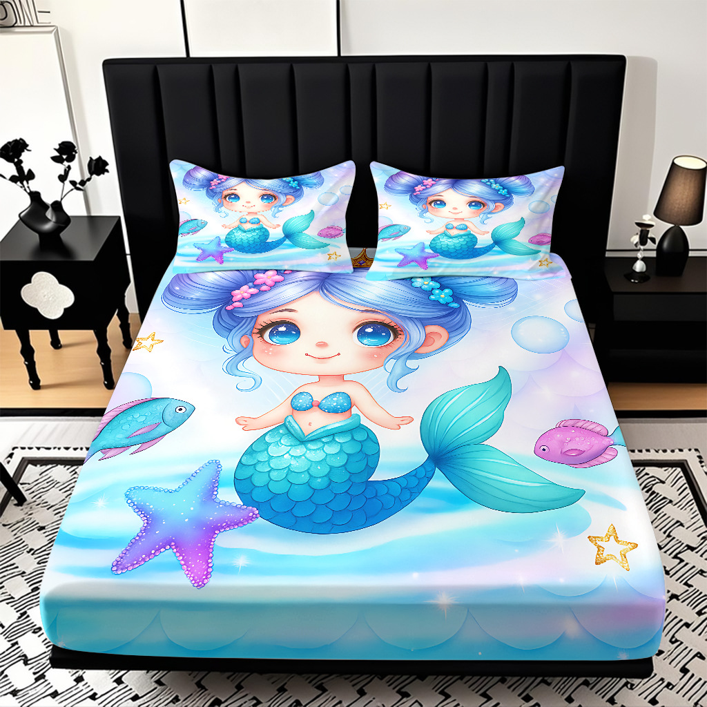 Modo JIT Temu serie de dibujos animados de sirena textil doméstico impresión digital cama de cama de cama kit fábrica de procesamiento