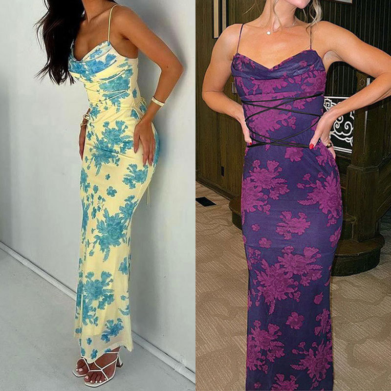 Amazon 2025 primavera nueva ropa de mujer europea y americana temperamento sexy bolso con cordones falda a la cadera vestido delgado floral image 3