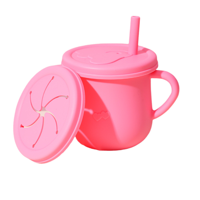 Taza de bebé de silicona transfronteriza con cubierta de bocadillos, taza de paja de grado alimenticio para niños, taza de bebida anti-caída para bebés