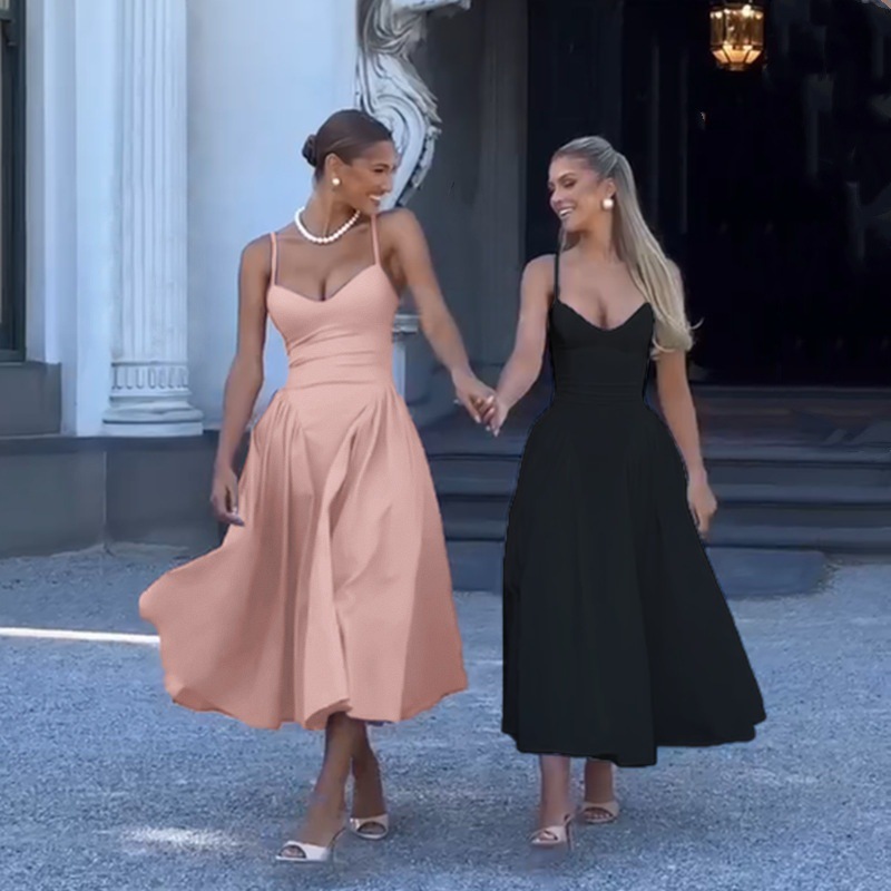 Robe élégante à bretelles et col en V pour femme – Taille haute, coupe moulante, couleur unie estivale (noir/rose, S-L)_voghion.com