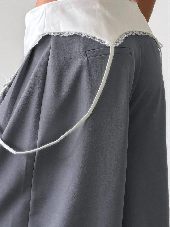 Quần ống rộng nữ cạp cao phối ren xếp ly có vạt che mông dáng vest — Màu trắng, màu xám, màu đen chi tiết 12
