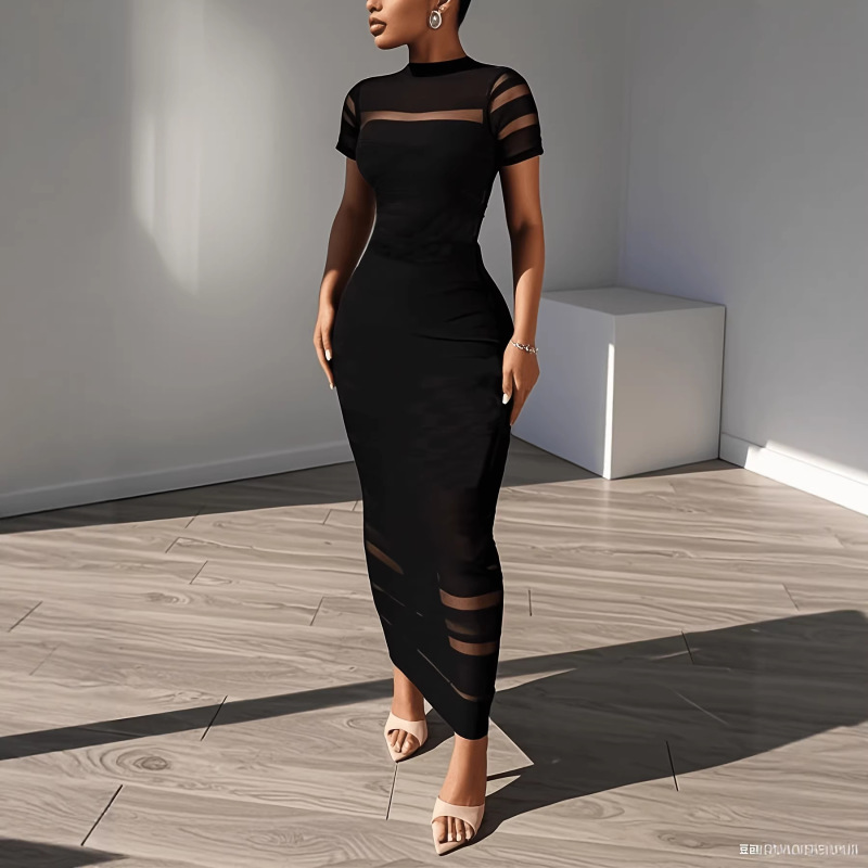 European and American Women's Fashionable and Elegant Sheer Mesh Patchwork Slim-Fit Hip-Hugging Long Dress - Short-Sleeve High-Neck Formal Evening Gown European and American Women's Fashionable and Elegant Sheer Mesh Patchwork Slim-Fit Hip-Hugging Long Dress - Short-Sleeve High-Neck Formal Evening Gown