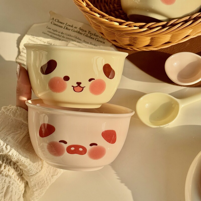 ミルクピッグミルクドッグインセラミックボウルかわいい釉下色ホーム寮ライスボウルデザートボウル|undefined