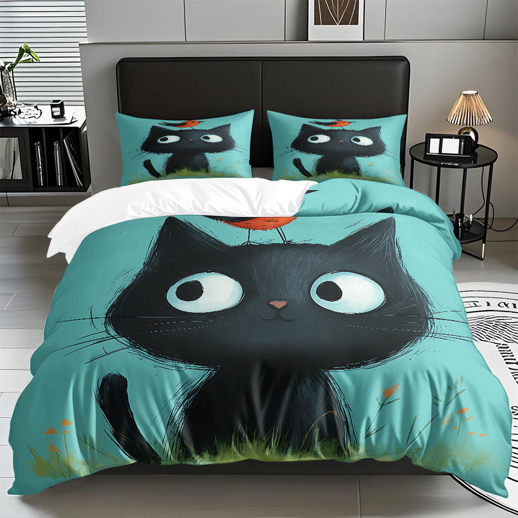 TEMU / JIT impresión digital de dibujos animados kit de edredón de gato abrasivo pro-piel transpirable fábrica textil directo