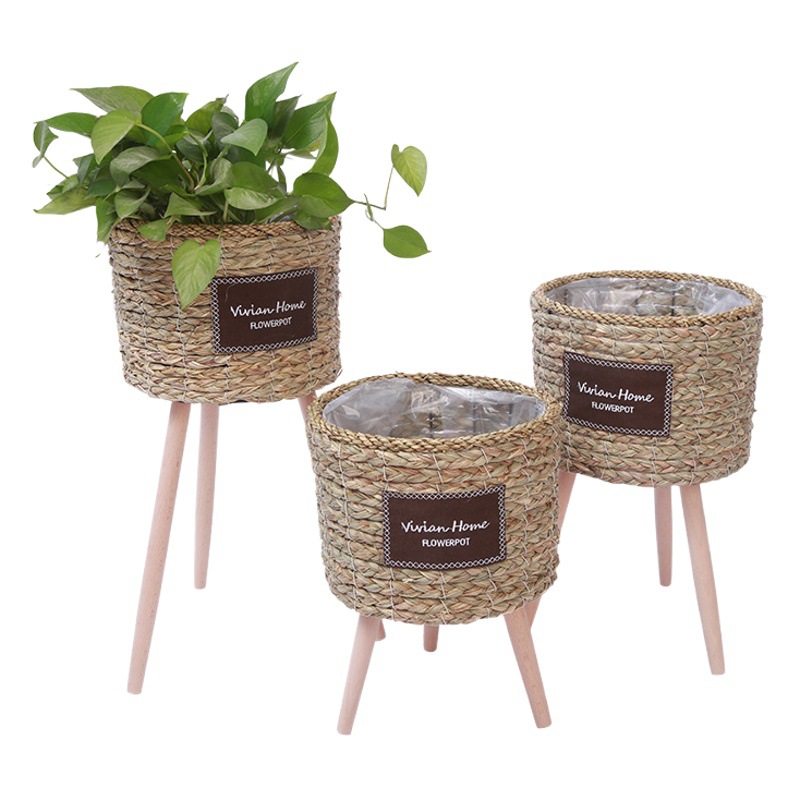 Piso de La Flor soporte de madera pierna piso flor soporte tejida flor olla sala de estar balcón decoración flor cesta paja tejido piso soporte