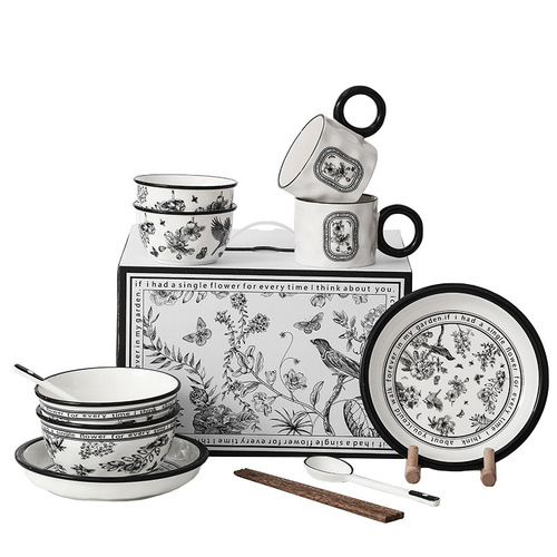 Selectively chosen tableware set gift box, ceramic tableware, Xiaohua flower, Insta-style, high-end ceramic bowls, plates, bowls, chopsticks