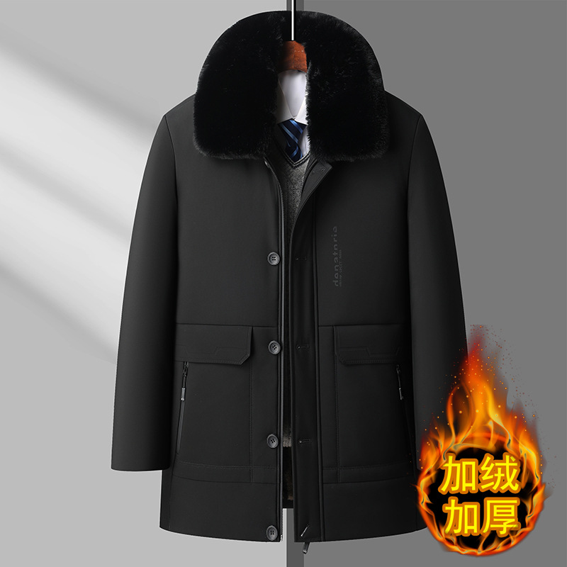 Thick winter coat for middle-aged men, new style, cotton-padded jacket with detachable fur collar, casual men's fleece-lined overcoat.