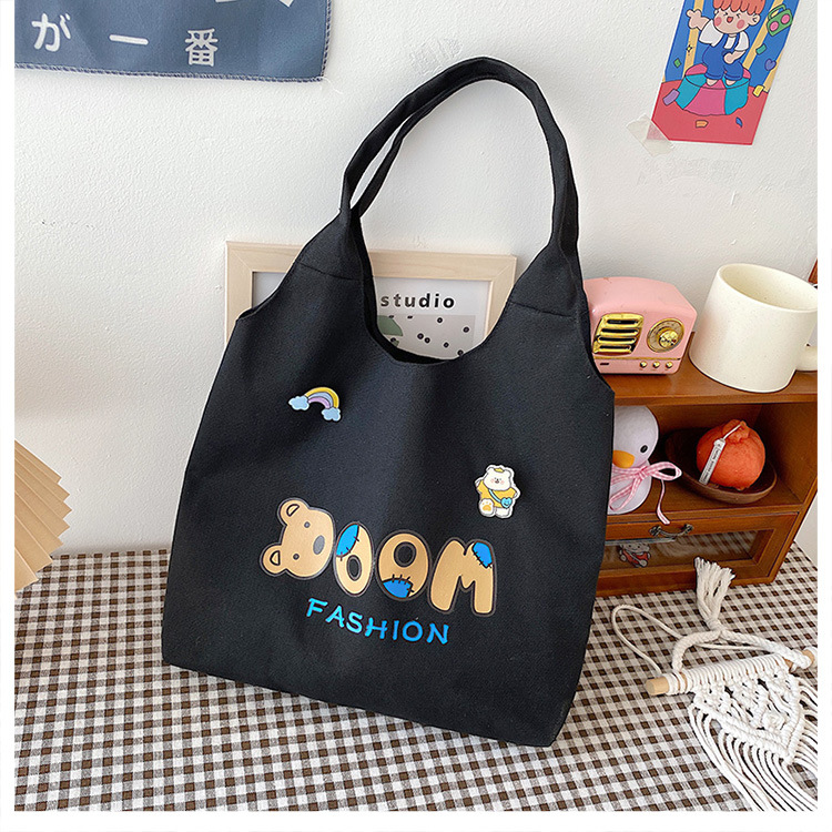 2021 Summer Japanese-style simple canvas bag, student backpack, single-shoulder handbag for going out, cartoon badge cotton bag undefined