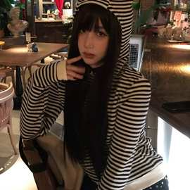 【原版面料】条纹卫衣女秋季恶魔角连帽开衫短款外套修身辣妹上衣