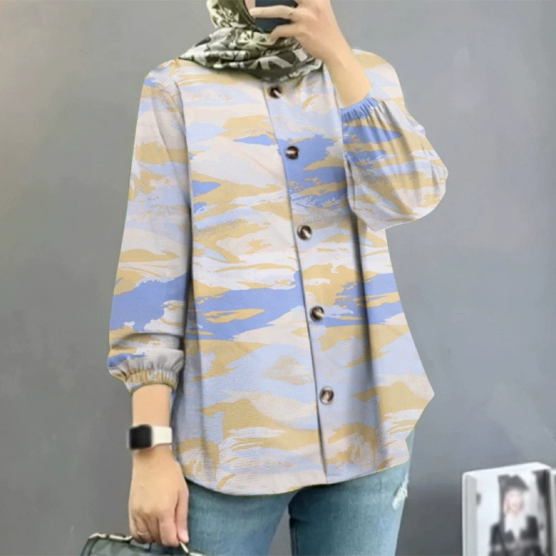 Кросс-бордерная женская мусульманская рубашка с цветочным принтом Amazon Ближний Восток Малайзия 2024, модные пышные рукава, оптовая партия от производителя