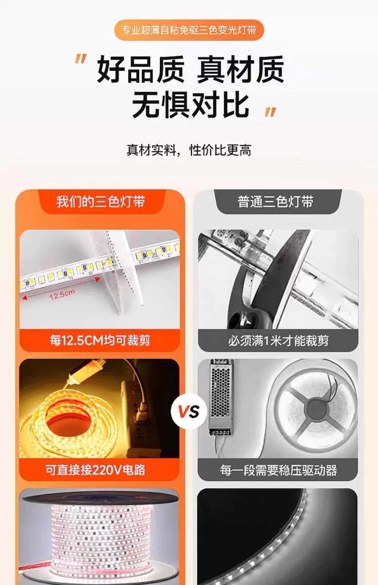 Üç Renkli Değişken Işık Led Şerit 220V Oturma Odası Tavan TV Yatak Odası Ambiyans Işığı Dış Mekan Su Geçirmez Kendinden Yapışkanlı Led Yumuşak Işık Şeridi