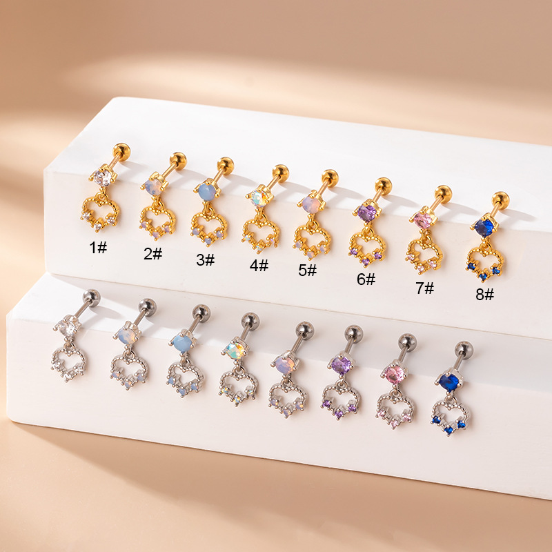 Fashion Heart Shape Stainless Steel Ear Studs Inlaid Zircon Stainless Steel Earrings 1 Piece