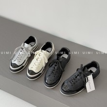 25ss新款小香风黑白熊猫拼色圆头系带厚底舒适休闲鞋女薄底板鞋女