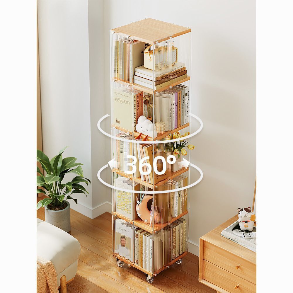 Acrylic Transparent 360 Rotating Bookshelf Living Room Bookcase Removable Simple Solid Wood Floor-Standing Storage Rack