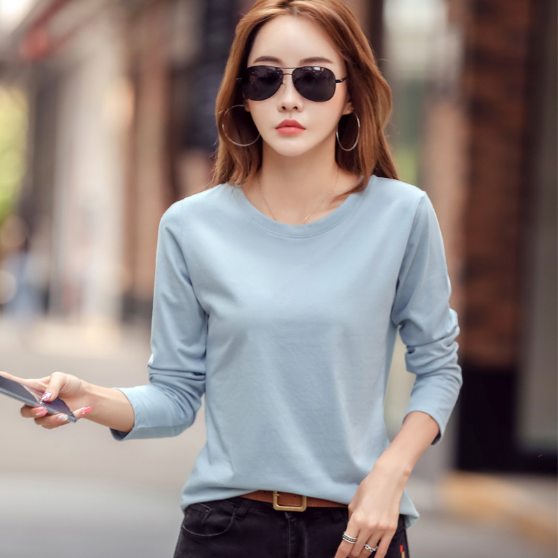 2025 春と秋の新ボトリングシャツ女性の長袖 Tシャツスリム無地シャツ秋の Tシャツトップス|undefined