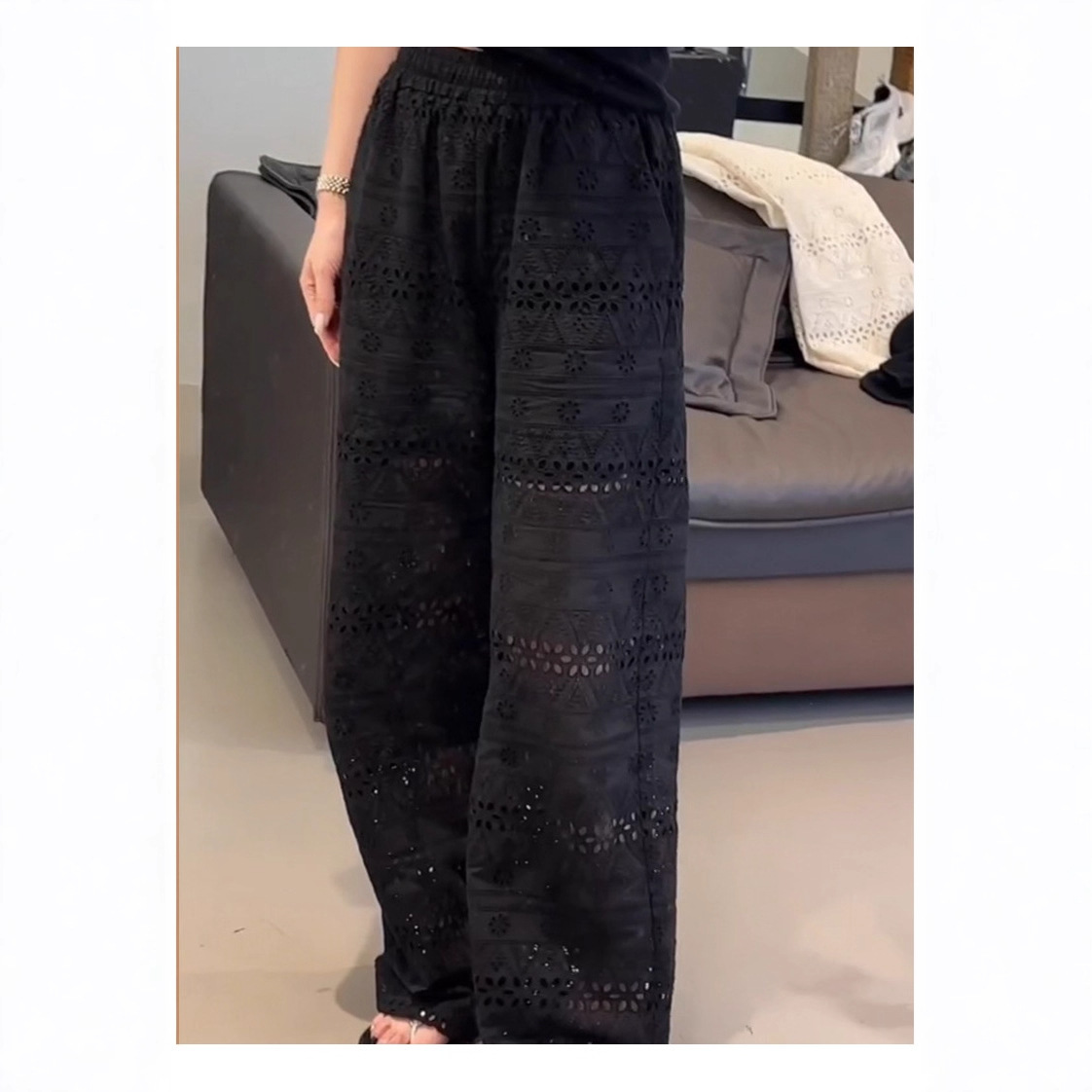 White Wide-Leg Pants for Women, Summer Thin Style 2025 New Fashion Trendy Thin Drape Hollow Lace Straight Pants