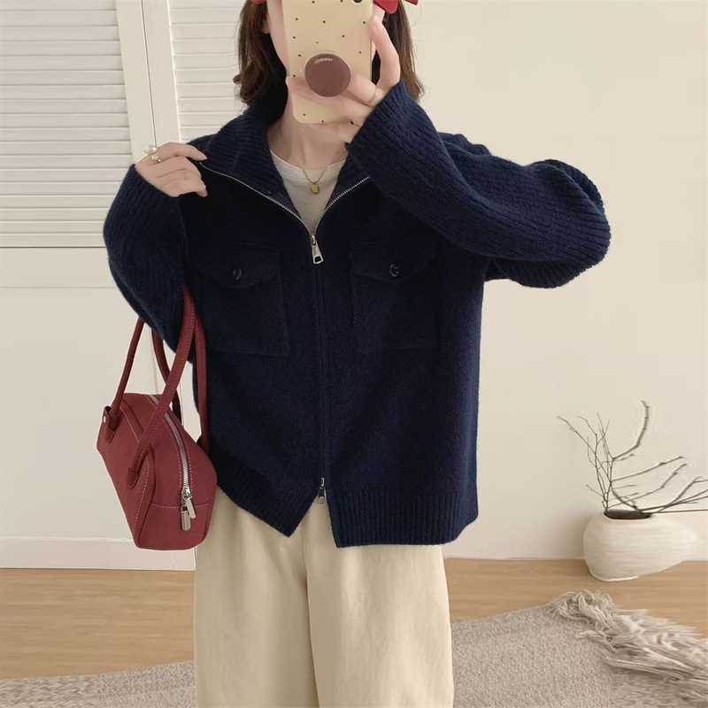跨境双拉链翻领口袋毛衣女外套秋冬新款软糯长袖短款针织开衫上衣|undefined