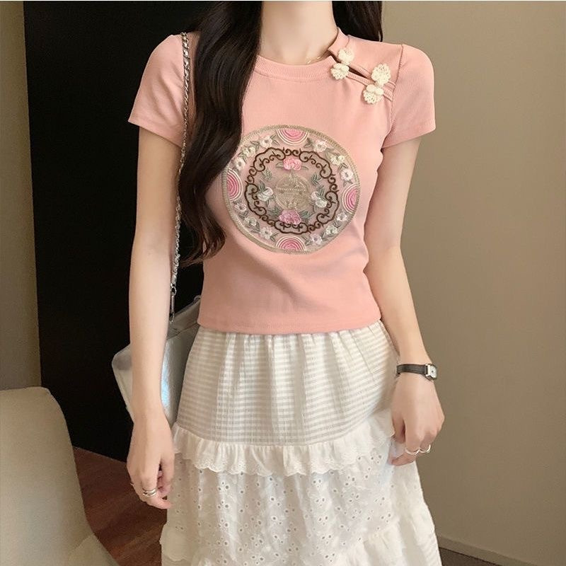 Nova kitajska majica s kratkimi rokavi in vezenino qipao za ženske poleti 2024, nov sladko-začinjen dekliški oprijet kroj in_voghion.com