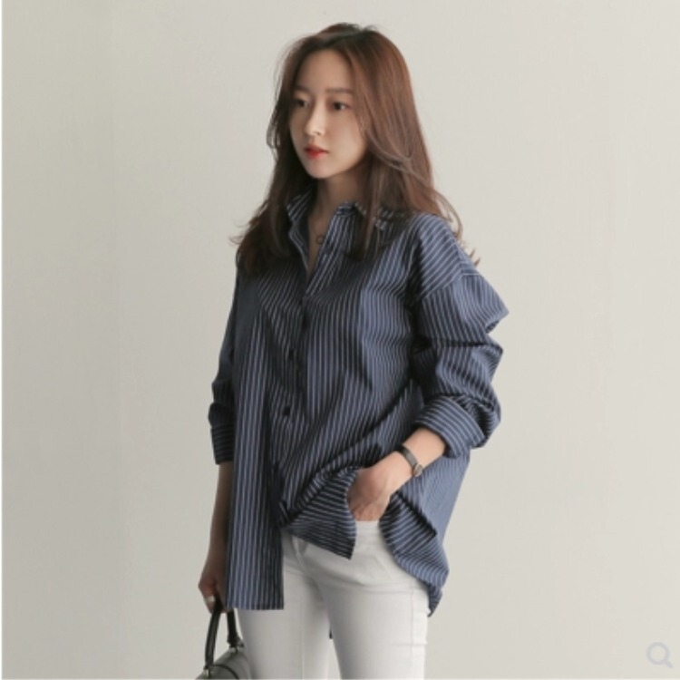 2025 New Autumn Clothing Mid-Length Versatile Loose Blue Vertical Stripes Bf Large Size Long-Sleeved Shirt for Women Summer